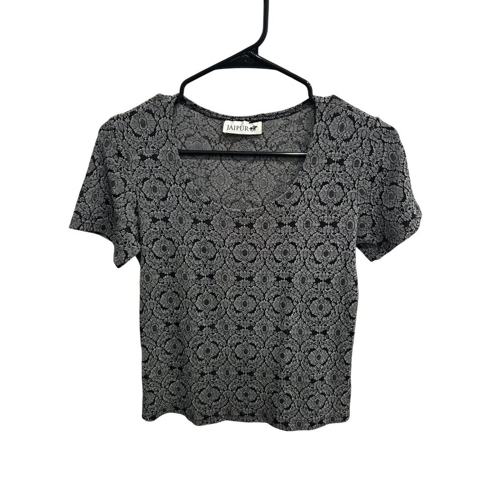 Jaipur Womens Black Gray Lace Pattern Short Sleeve Top Size Small Chic Casual